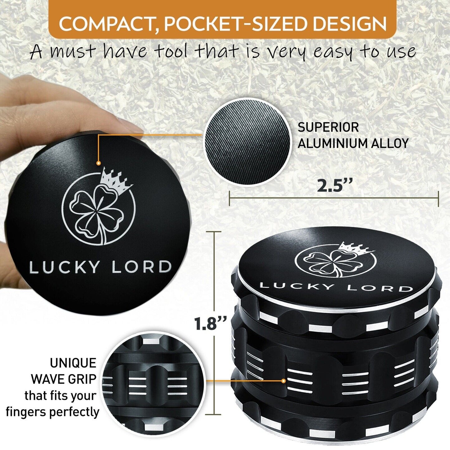 Lucky Lord Spice Herb Tobacco Grinder 2.5 Inch 4 Piece Crusher Aluminum Grinder